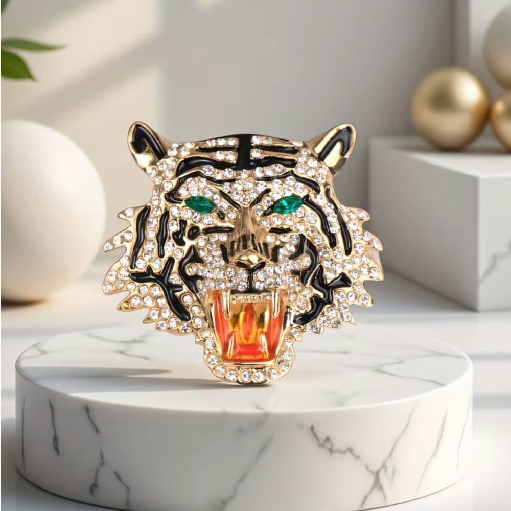 rhinestone-encrusted roaring tiger head brooch pins  green crystal eyes enamel